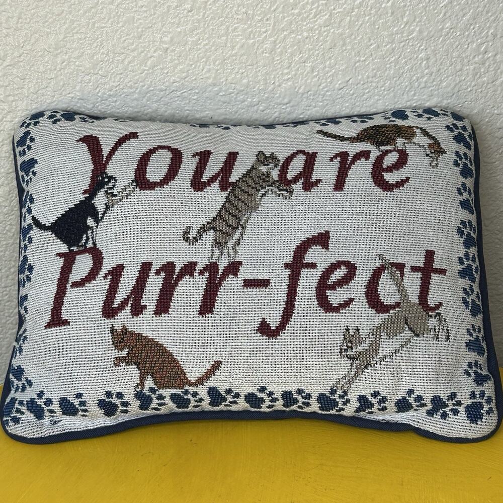 Decorative Cat Pillow “You Are Purrr-Fect” Needlepoint Tapestry 12" X 8" Vtg